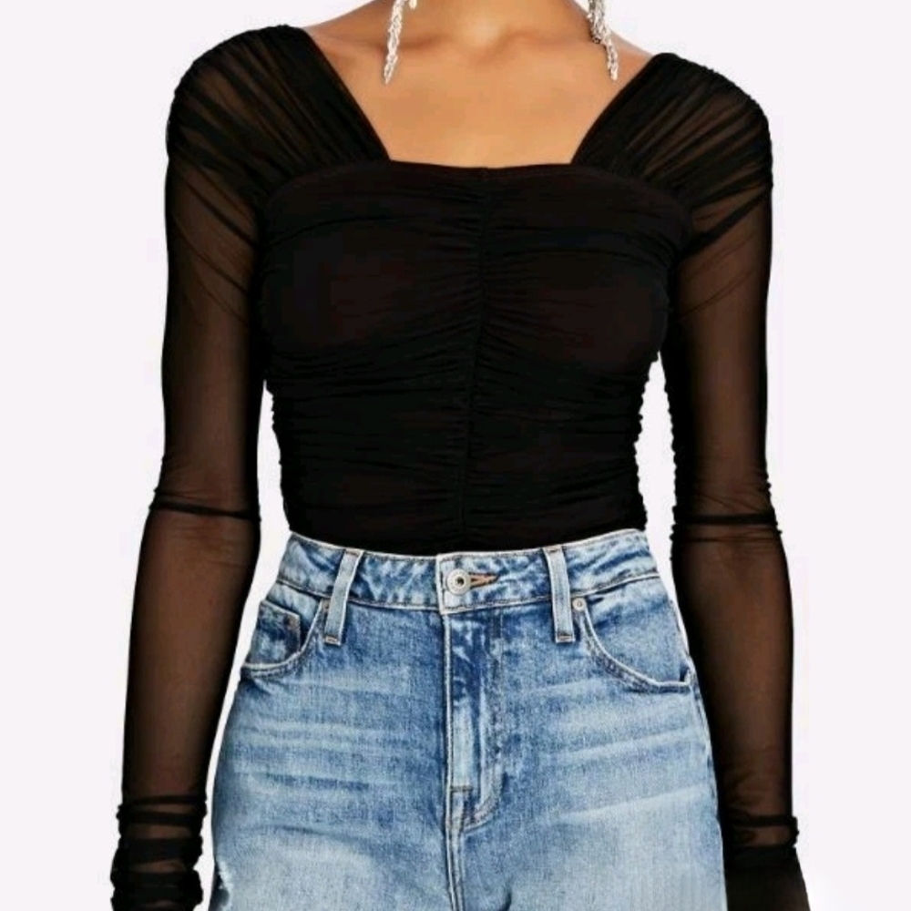 A.L.C. Womens Black V-Neck Mesh Long Sheer Sleeve Elegant Size M